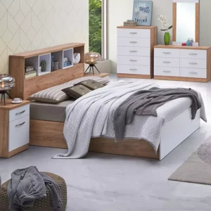 Modern Lamited Storage Bed in White & Light Brown with Built-in Headboard Shelves - Image 1