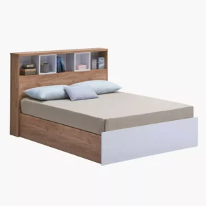 Modern Lamited Storage Bed in White & Light Brown with Built-in Headboard Shelves - Image 2