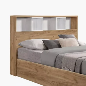 Modern Lamited Storage Bed in White & Light Brown with Built-in Headboard Shelves - Image 3
