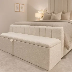 Vertical Stitching Contemporary White Boucle Upholstered Storage Bench - Image 1