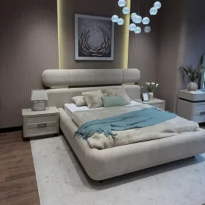 Luxury White Velvet Upholstered Platform Bed with Integrated Backlighting & Fluted Wall - Image 1