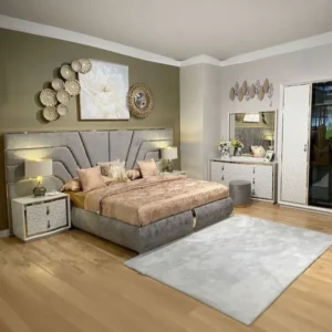 Luxurious Turkish Velvet Bed with Fan-Patterned Headboard & Matching Furniture - Image 1