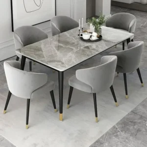 Contemporary Grey Marble Dining Table with Velvet Chairs – 6-Seater Set - Image 1