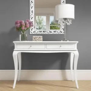 Elegant White French Provincial Console Table with Cabriole Legs & Twin Drawers - Image 1
