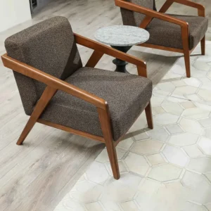 Mid-Century Modern Grey Jute Armchair with Brown Wooden Frame - Image 1