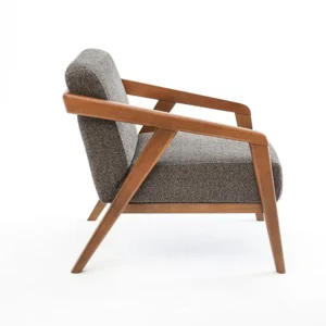 Mid-Century Modern Grey Jute Armchair with Brown Wooden Frame - Image 3