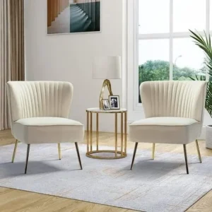 Modern White Velvet Bedroom Accent Chairs with Gold Metal Legs – Pair - Image 1