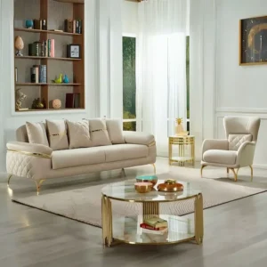 Elegant Turkish Off-White Velvet Sofa & Wingback Chair Set – Modern Luxury - Image 1