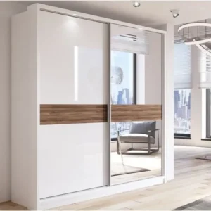 Modern Two-Tone Sliding Door Wardrobe with White Deco & Walnut Inlay - Image 1