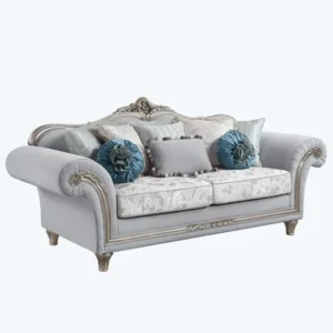 Victorian Luxury Silver & Blue Velvet Carved Sofa – 7-Seater Set - Image 1
