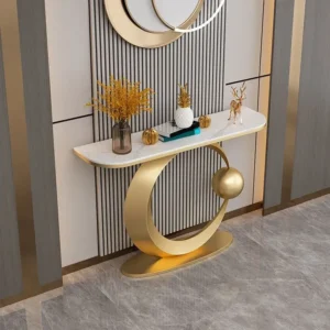 Deco Luxury White Marble Top Console Table with Gold Crescent Base - Image 1