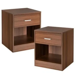 Minimalist Dark Brown Wood Grain Side Tables with Storage Niche and Drawer - Image 1