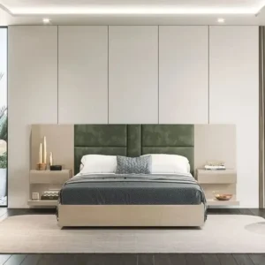 Contemporary Velvet Upholstered Bed with Extended Forest Green Headboard - Image 1