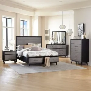Classic Grey & Black Slat Style Wooden Bed with Storage Drawers – Mid-Century Modern - Image 1