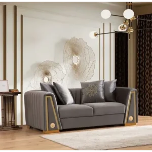 Elegant Turkish Style Grey Velvet Sofa with Gold Metallic Accents & Vertical Stitching - Image 1