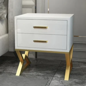High Gloss White Side Table with Geometric Gold X-Base & Dual Storage Drawers - Image 1