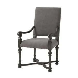 Classic Grey Velvet Bedroom Chair with Orte Black Carved Legs & ilhead Trim - Image 1