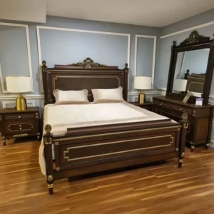 Classic Dark Brown Mahogany Finish Royal Bed Set with Gold Inlay Detail – Luxury - Image 1