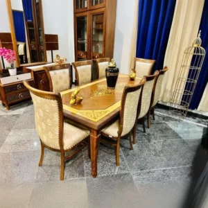 Classic 8-Seater Dining Table Set with Gold Inlay & Beige Upholstered Chairs - Image 1