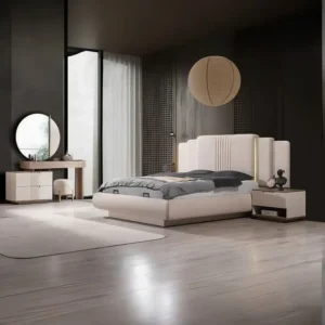 Grand Turkish White Leatherette Bed with Multi-Tiered Headboard - Image 1