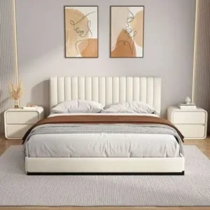 Modern Off-White Vertical Channel Tufted Leather-Rite Bed – Minimalist Design - Image 1