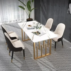Elegant White Marble Dining Table with Gold Geometric Base & Velvet Chairs - Image 1