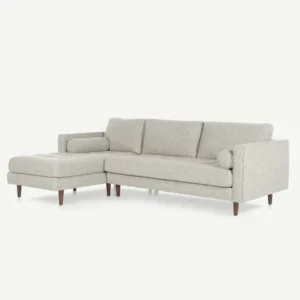 Minimalist L-Shaped Sectiol Sofa in White Jute Fabric with Tapered Wood Legs - Image 1