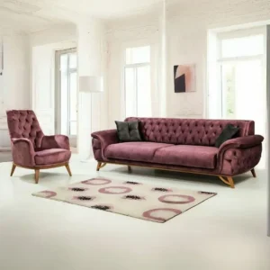 Deep Maroon Velvet Tufted Sofa with Curved Sculptural Wooden Base – Bold Statement - Image 1