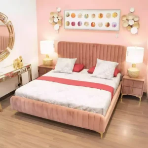 Glamorous Pink Velvet Channel Tufted Bed with Gold Legs – Modern Glam Design - Image 1
