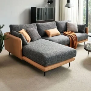 Contemporary L-Shaped Sectiol Sofa with Two-Tone Grey Jute & Brown Leather Trim - Image 1