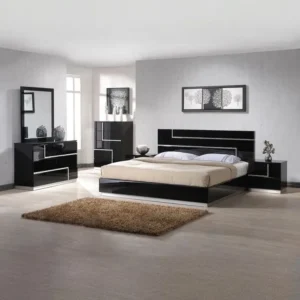 Sleek Black Deco Modern Bed Set with Silver Chrome Geometric Accents - Image 1