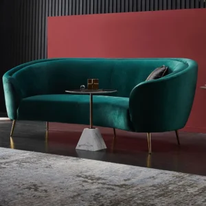 Emerald Green Velvet Curved Sofa with Gold Tapered Legs – Glamorous Boutique Style - Image 1