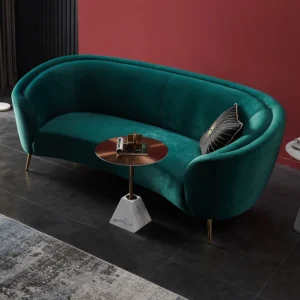 Emerald Green Velvet Curved Sofa with Gold Tapered Legs – Glamorous Boutique Style - Image 2