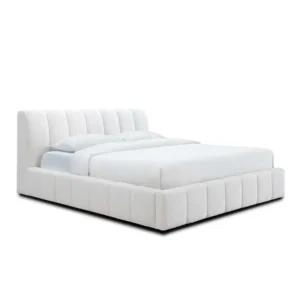 Contemporary White Boucle Upholstered Bed with Vertical Padded Panels – Textured Design - Image 1