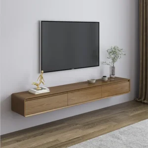 Minimalist Floating Walnut Wood LCD Wall Unit with Triple Storage Drawers - Image 1