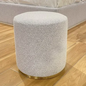 Round White Boucle Pouffe Ottoman with Recessed Gold Base – Stylish Accent - Image 2