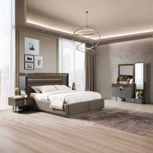 Meridian Turkish Dark Brown & Grey Jute Upholstered Bed with LED - Image 1