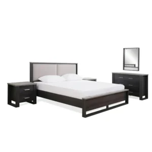 Contemporary Dark Brown Polish & Grey Fabric Upholstered Bed - Image 2
