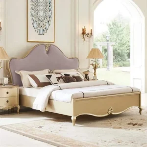 Luxury Gold Deco Bed with Lavender Velvet Carved Headboard - Image 1