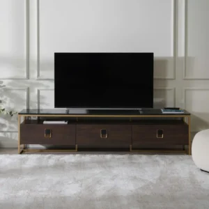 Elite Dark Wood & Gold Minimalist TV Console with Marble-Style Top - Image 1