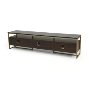 Elite Dark Wood & Gold Minimalist TV Console with Marble-Style Top - Image 2