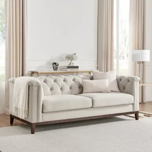 Elegant Cream Velvet Tufted Sofa with Dark Brown Wood Base – Transitiol Design - Image 1