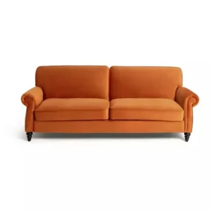 Classic Orange Velvet Three-Seater Sofa with Dark Brown Turned Legs - Image 1