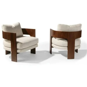Contemporary Bedroom Accent Chairs with Curved Dark Brown Wood Wrap & Jute Fabric - Image 1