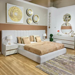 Contemporary White Jute Upholstered Bed with Extended Headboard & Gold Details - Image 1