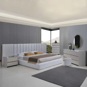 Contemporary White Jute Upholstered Bed with Extended Headboard & Gold Details - Image 2
