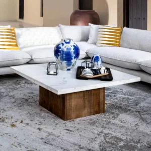 Artisan White Marble Top Coffee Table with Solid Wood Base – Mixed Material Design - Image 1