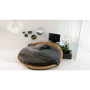 Circular Mirror Set Contemporary Round Platform Bed in Light Brown Fabric - Image 1