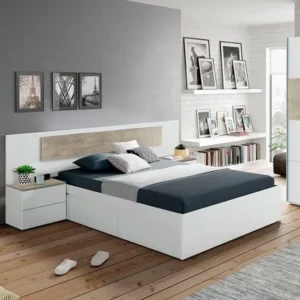 Modern Deco White & Light Brown Storage Bed with Integrated Drawers - Image 1