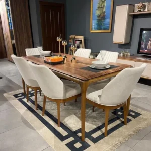 Horizon Modern Walnut Dining Table with Padded White Chairs – 6-Seater - Image 1